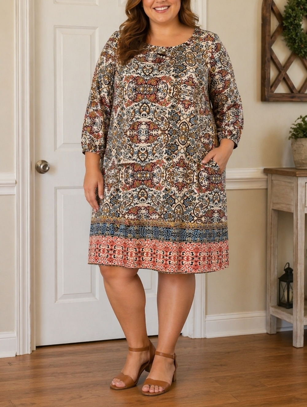 Women's Tacera Shift Dress 2X Plus Orange Crochet Detail for Rounded Neckline